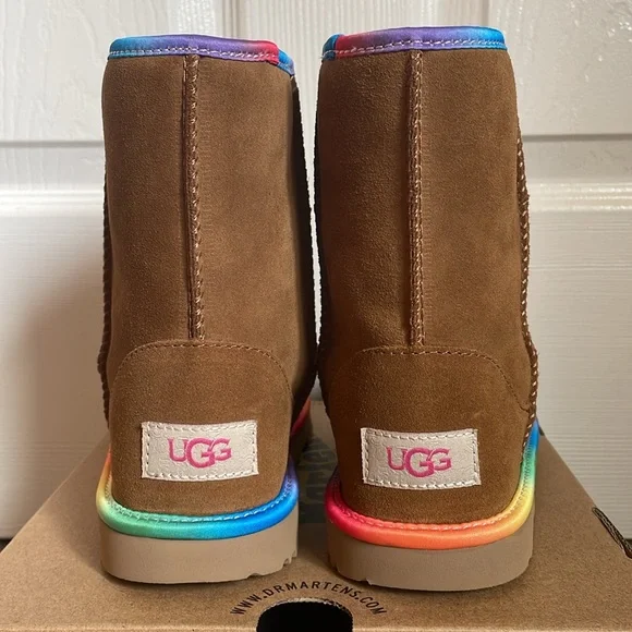 🆕 UGG 🌈 Classic Short II Chestnut Rainbow Shearling Lined Boots Size 1 - Picture 3 of 9